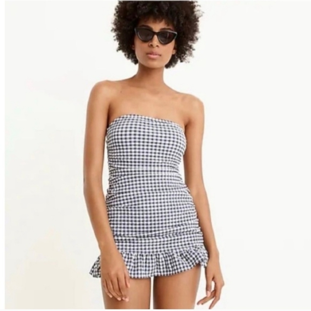 J. Crew Blue And White Gingham Ruched One Piece Swimming Suit Size 2